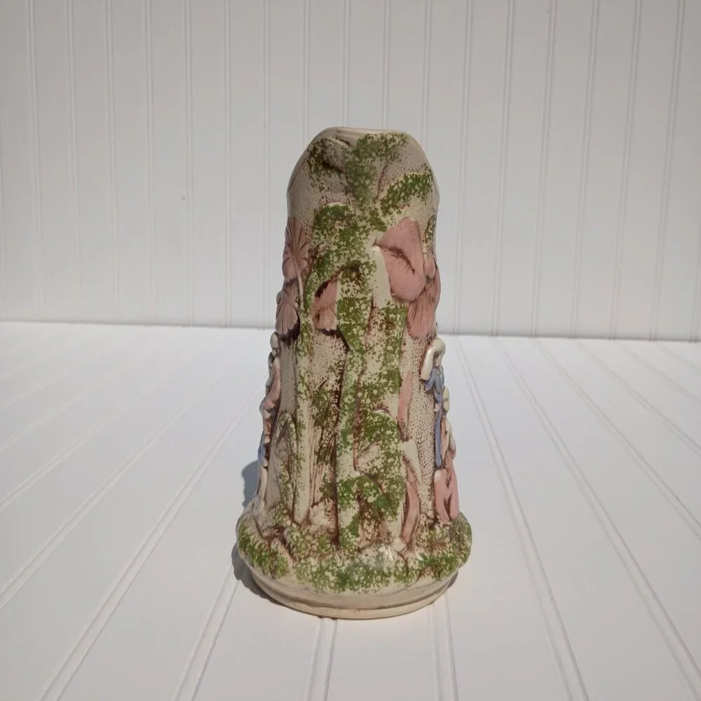 Vintage Handmade Pitcher Floral Relief Green Pink Majolica Style Victorian Vase